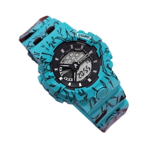 Close-up of blue dual-display sports watch with black crackle pattern and resin strap