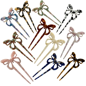 Butterfly Hair Stick Acetate U Shaped Hairpin Hair Fork Hollow Double Tooth Tortoiseshell Marble Pattern Women Retro Elegant