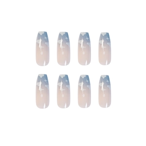 Long coffin press-on nails with blue-pink gradient, cloud and star nail art designs