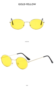 Detailed front and side views of vintage oval sunglasses with gold frame and yellow lenses