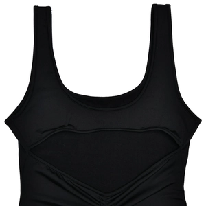 Detail of black bodysuit featuring a deep U-neckline and front cutout design