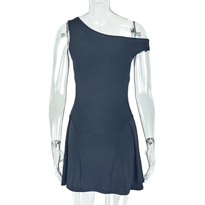 Detail of navy blue one-shoulder mini dress with elegant pleats and slim fit silhouette