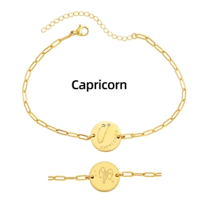 Detailed macro view of 18K gold-plated stainless steel Capricorn constellation coin bracelet.
