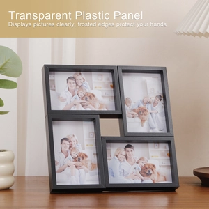 Detail of multi-collage black frame with safe transparent plastic panels for four photos