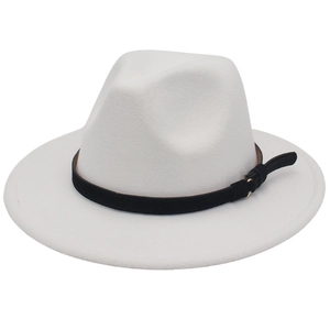 White wool fedora hat with wide brim and black leather belt with golden buckle detail