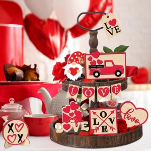 Close-up of 12-piece Valentine's Day tiered tray decor with wooden signs and gnome doll