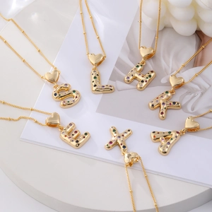 Golden heart necklace with colorful zircon alphabet pendants on fine bead chain