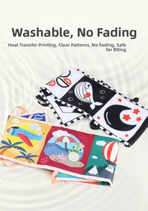 Detail view of double-sided baby cloth books with high-contrast patterns and colorful icons