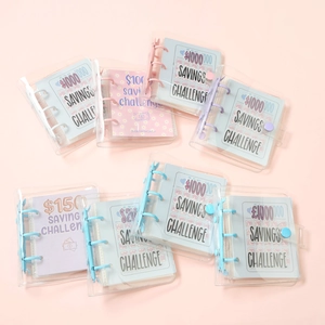 Flat lay of PVC transparent savings challenge binders with colorful rings and budget inserts
