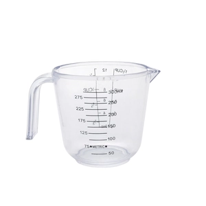Detailed scale of 300ml transparent measuring cup with ergonomic handle and pour spout