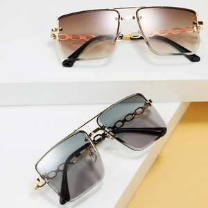 Women Rimless Square Sunglasses Metal Chain Temple Gradient Lens UV400 Retro Vintage Fashion Eyewear