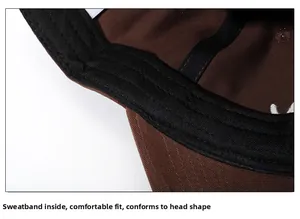 Detailed close-up of brown baseball cap interior featuring black cotton sweatband and neat seams