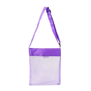 Detail view of purple mesh beach bag with adjustable shoulder strap and reinforced fabric top