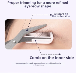 Macro shot of eyebrow trimmer scissors with a pink comb for precise grooming tool