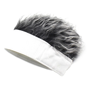 Retro hip-hop visor hat with grey wig hair features a white brim and short spiky texture