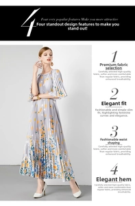Detail van geplooide bloemenjurk voor dames met elegante uitlopende zoom en taillelijn