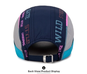Detail of adjustable metal buckle and multi-color stitching on breathable sun hat