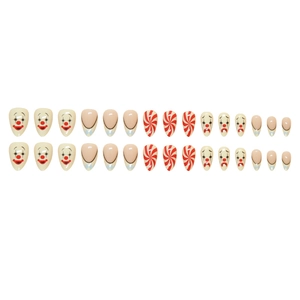 Set of 24 clown-themed press-on nails featuring stiletto shape and striped patterns