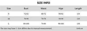 Detailed size chart for strapless dress showing bust, waist, and hips measurements