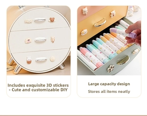 Three-layer desktop drawer organizer with 3D cartoon stickers and metal handles