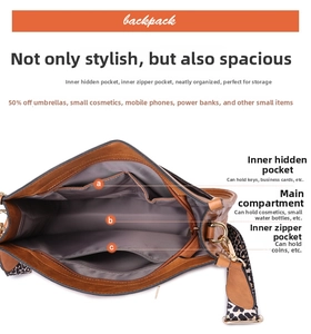 Interior view of brown leather backpack featuring multifunctional pockets and leopard strap