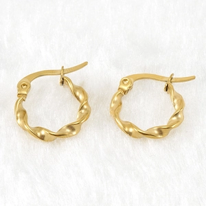 Twisted C-shape 18K gold-plated stainless steel hoop earrings on white plush background