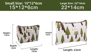 Maattabel van canvas cosmetische tas met gedetailleerde afmetingen en dennenboomprint details.