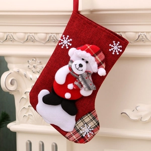 Chaussette de Noël en lin rouge avec ours en peluche 3D, motifs écossais et flocons