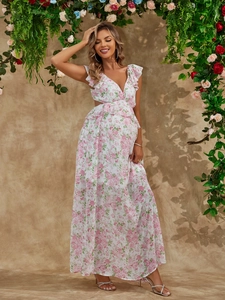 Umstandskleid Blumendruck Polyester V-Ausschnitt Ärmellos Rüschen Rückenfrei Hohe Taille Maxi Langes Kleid Für Schwangere Frauen