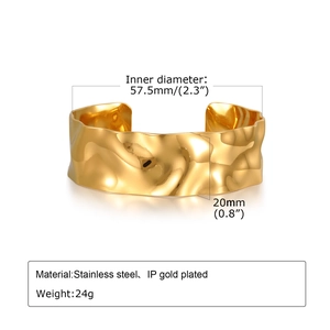 Detailed size specifications for a wide ripple textured stainless steel open bangle