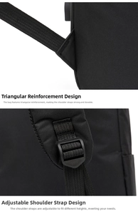 Macro view of reinforced stitching and adjustable shoulder strap buckle on black nylon backpack