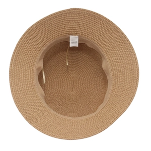 Detailed inner view of straw sun hat showing the sweatband and 100% paper material label