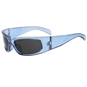 Fashionable Y2K sports sunglasses with translucent blue frame and dark grey lenses for cycling