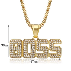 Gold-plated BOSS letter pendant with rhinestones and 30x47mm size measurements