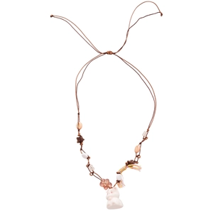 Retro acrylic star and kitten pendant necklace with adjustable brown cord and floral beads