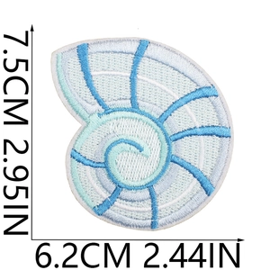 Macro view of light blue shell embroidered patch with 7.5cm size measurement details