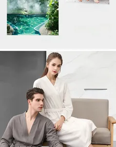Close-up of lightweight waffle knit fabric texture on V-neck spa bathrobe with tie belt