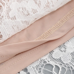 Vue macro de la dentelle blanche brodée et du tissu en maille avec doublure dense