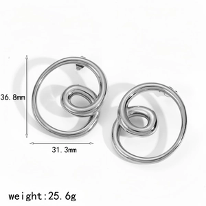 Silver geometric spiral stainless steel earrings with size and weight measurement specs