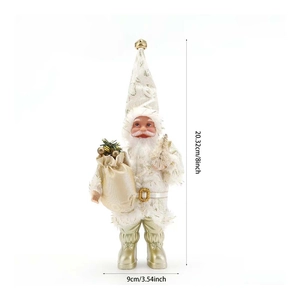 Detailed size measurement of a plush white and gold standing Santa Claus figurine decoration
