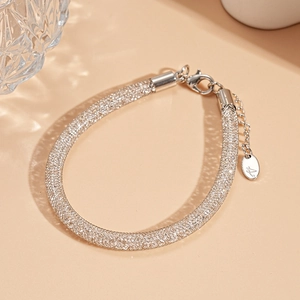 Close-up of silver mesh bracelet with lobster clasp and adjustable extender chain detail