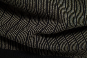 Macro shot of high-density vertical ribbed knit texture in dark green and black stripes