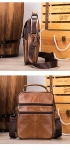 Detailed view of brown leather crossbody bag with adjustable strap and metal hardware