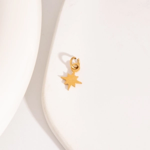 Detailed view of a gold star-shaped pendant on a textured white ceramic plate