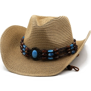 Western Cowboy Straw Hat Ethnic Beadwork Turquoise Decor Wide Brim Sun Protection Breathable Unisex Outdoor Travel