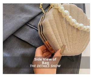 Detail view of the shell-shaped evening bag featuring gold sequins and pearl handle