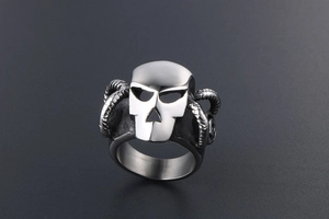 Macro shot of punk steel skull ring showing mechanical details and vintage finish