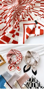 Detailed view of 70cm geometric printed silk scarf with premium satin texture finish