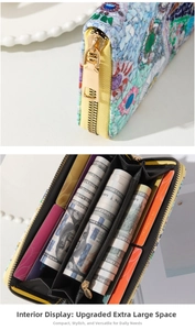 Detail of colorful geometric leather wallet featuring multiple card slots and large capacity