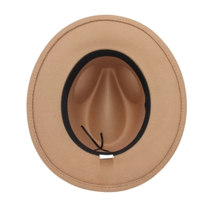 Detail view of khaki wool felt hat interior showing black sweatband and adjustable drawstring